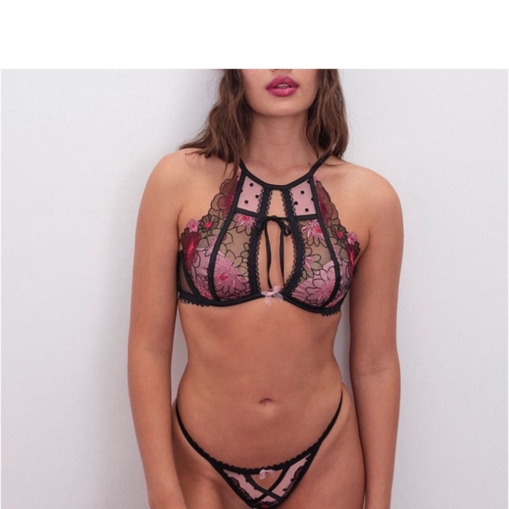 Floral Lace Halter Bralette and Thong Set